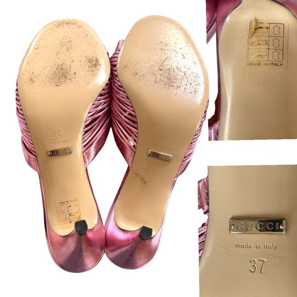 AUTHENTIC GUCCI HEELS PINK METALLIC LEATHER STRAPPY KITTEN SANDALS 7/37 EUC - Picture 5 of 7